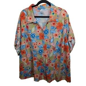 JMS Just My Size Button Up Top Floral Vacation Linen Blend Size 3X 22W/24W